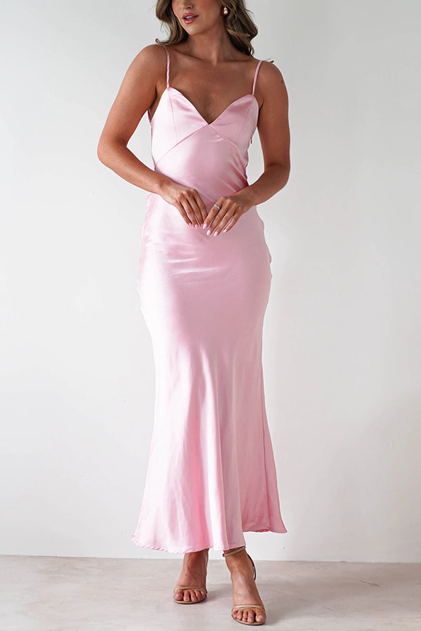 Satin Elegant Sling Backless Lace-Up Midi Dress