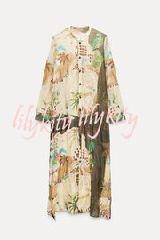 Cayla Linen Blend Unique Print Button Long Sleeve Shirt Midi Dress