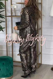 Mona Leopard Metallic Fabric Lapel Boyfriend Blazer and Elastic Waist Pocketed Loose Pants Set