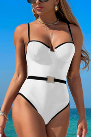 Fashionable Contrast-color Overlock Stretch One-piece Swimsuit