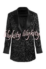 Sparkle Season Sequin Satin Long Sleeve Lapel Formal Party Blazer