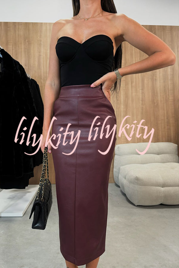 Lindsey Faux Leather High Rise Pocketed Slit Stretch Midi Skirt