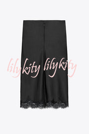 Dolly Satin Lace Trim Mid Rise Slit Drape Midi Skirt