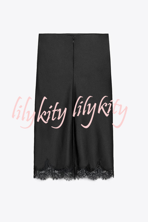 Dolly Satin Lace Trim Mid Rise Slit Drape Midi Skirt