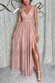 Everlasting Party Sequin Tulle Ruffles Shoulder Design Slit Maxi Dress