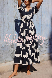 Unique Printed V-neck Puff Sleeves Tie Waist Midi Dress