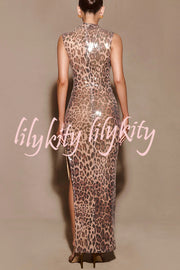 Sparkle Every Step Leopard Sequin Pattern High Neck Slit Stretch Maxi Dress