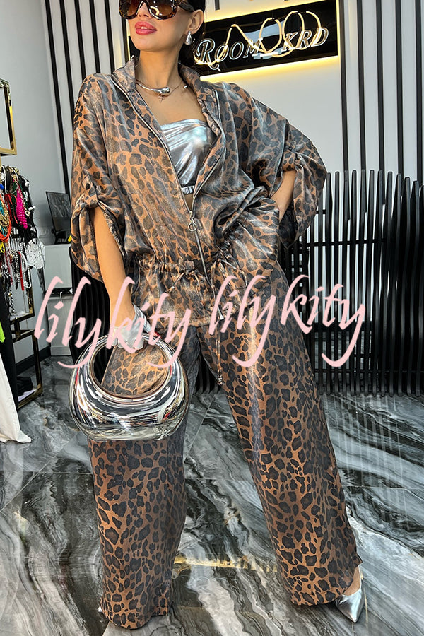 Leopard Print Drawstring Waist Zipper Jacket and Elastic Waist Pocket Loose Pants Set