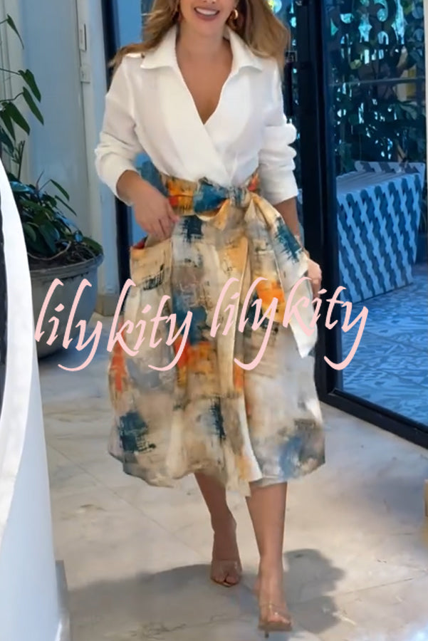 Jiles Linen Blend Unique Contrast Print Long Sleeve Tie-up Pocket Shirt Midi Dress