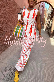 Good Luck Linen Blend Koi Pattern High Rise Elastic Waist Loose Pants