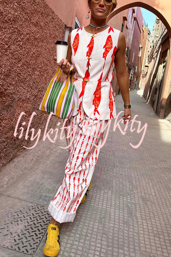 Good Luck Linen Blend Koi Pattern High Rise Elastic Waist Loose Pants