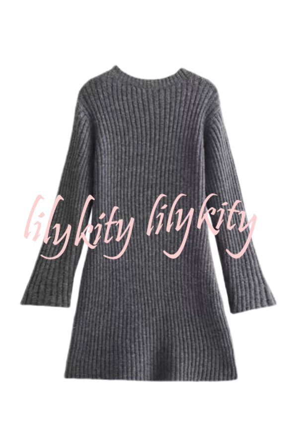 Beautiful Basic Ribbed Knit Long Slit Sleeve Flare Stretch Dress