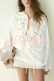 Fashionable Round Neck Tie Hollow Stitching Casual Shirt
