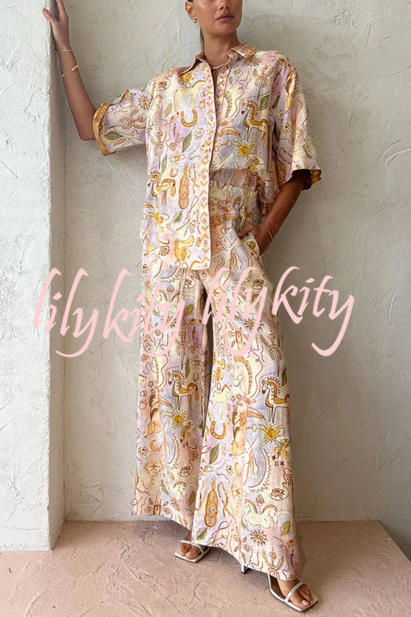 Sunshine Loving Linen Blend Mythological Pattern Button Down Oversized Blouse