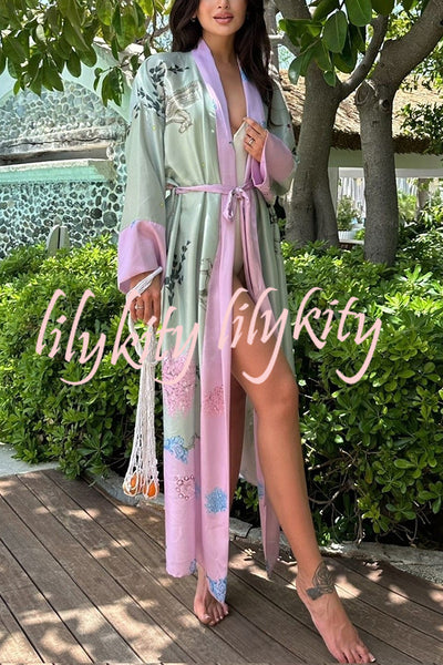 Karty Satin Unique Print Long Sleeve Belt Lapel Kimono Cover-ups