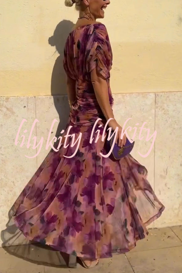 Unique Printed V-Neck Waisted Mesh Holiday Maxi Dress