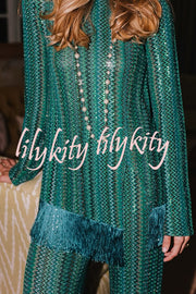 Relaxing Time Knit Zigzag Pattern Tassel Trim Slit Top and Wide Leg Pants Set