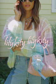 Palette Day Knit Color Blocks Open Front Balloon Sleeve Loose Cardigan