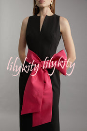 Clean Tailored Taffeta Contrast Oversized Bow Tie Waist Midi Dress