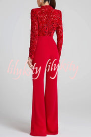 Eleanor Embroidered Floral Lace Long Sleeve Patchwork Belt Flare Jumpsuit