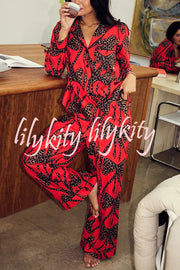 Stylish Colorblock Leopard Print Loose Shirt and Elastic Waist Pocketed Pajama Set