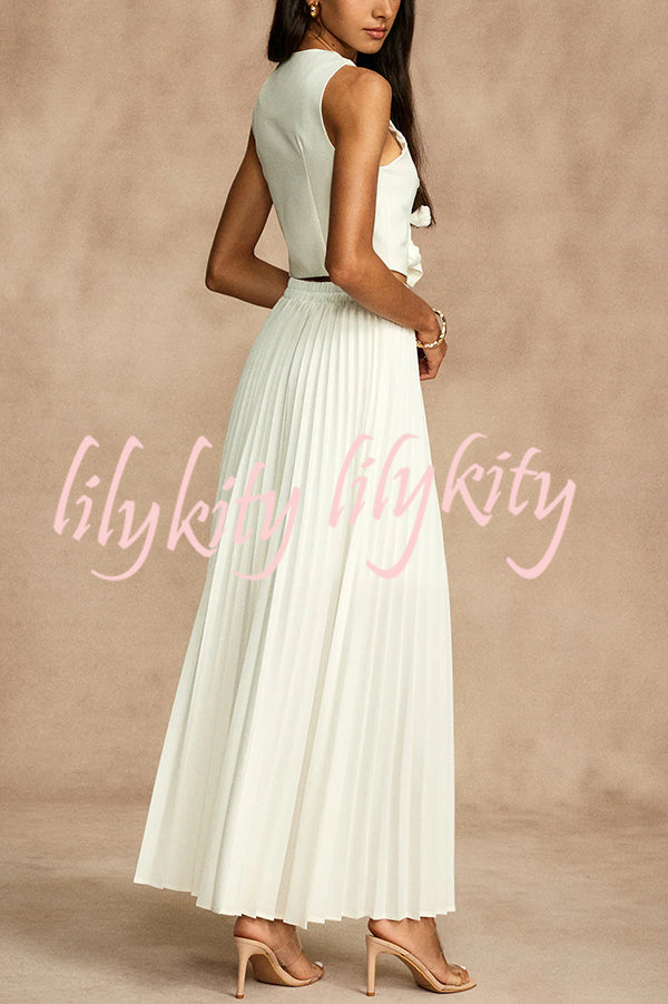 Stylish Rosette Sleeveless Tank Top and Pleated Maxi Skirt Set