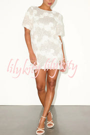Feeling Exquisite Sequin-embellished Rose Texture Short Sleeve H-line Mini Dress