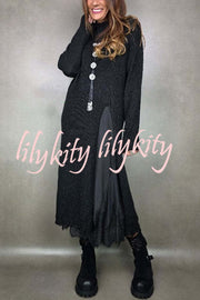 Solid Color Knitted Long-sleeved Casual Slit Midi Dress