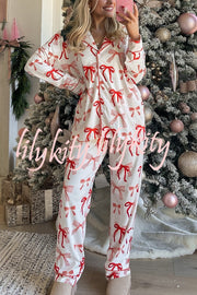 Christmas Bow Print Long Sleeve Shirt and Elastic Waist Pocket Pants Set