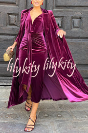 Elisabeth Luxurious Velvet Padded Shoulders Long Sleeve Twist Waist Drape Midi Dress