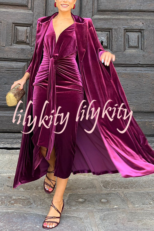 Elisabeth Luxurious Velvet Padded Shoulders Long Sleeve Twist Waist Drape Midi Dress