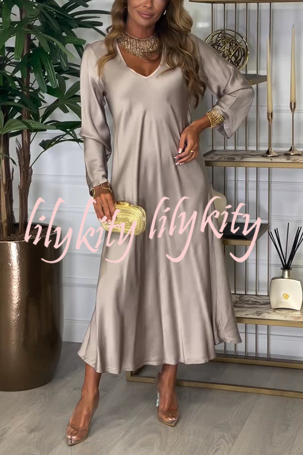 Solid Color V-neck Long-sleeved Loose Draped Maxi Dress