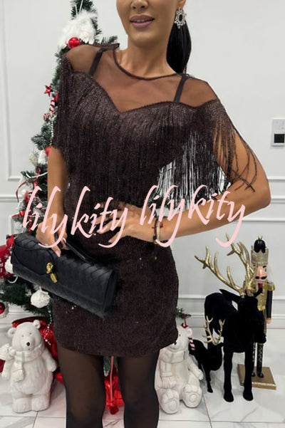 Glistening and Gorgeous Sequin Mesh Tassels Cape Sleeve Mini Dress