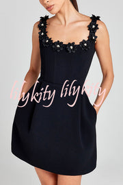 Cindy Faux Pearl Flower Applique Square Neck Pocketed Mini Dress