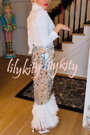 Playful Sparkling Large Sequin Faux Fur Tassel Hem Elastic Waist Maxi Skirt