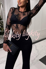 Elegant Sexy Touch Lace Mesh Long Sleeve Stretch Bodysuit