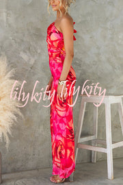 Floral Print Sleeveless 3D Flower One Shoulder Slim Maxi Dress