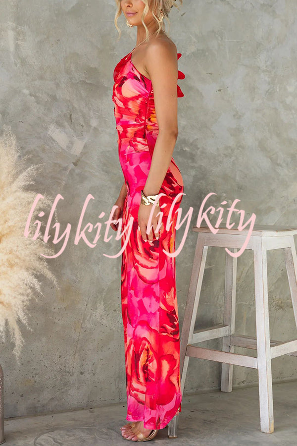 Floral Print Sleeveless 3D Flower One Shoulder Slim Maxi Dress