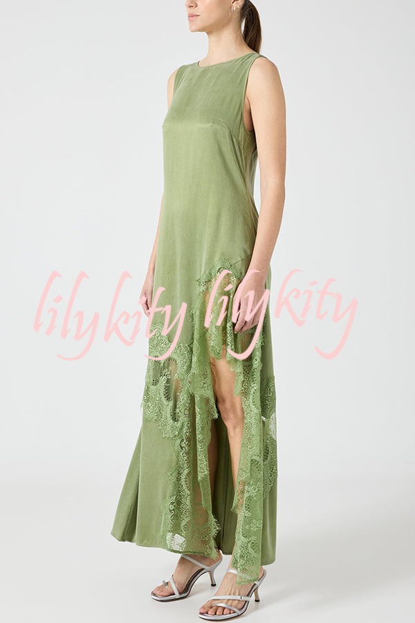 Pretty Soul Satin Lace Trim Wide Neck Irregular Hem Slit Maxi Dress