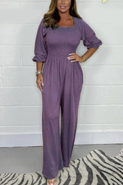 Casual and Comfortable Smocked Solid Color Wide Leg Jumpsuit