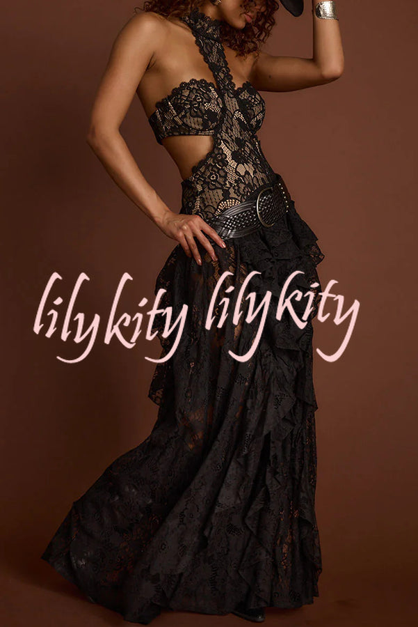 A Girls' Trip Lace High Neck Cutout Drop Waist Ruffles Maxi Dress