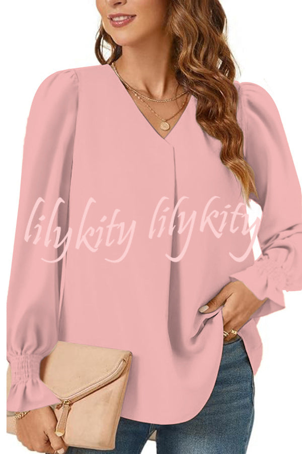 Solid Color V-neck Elastic Cuffs Long-sleeved Loose Top