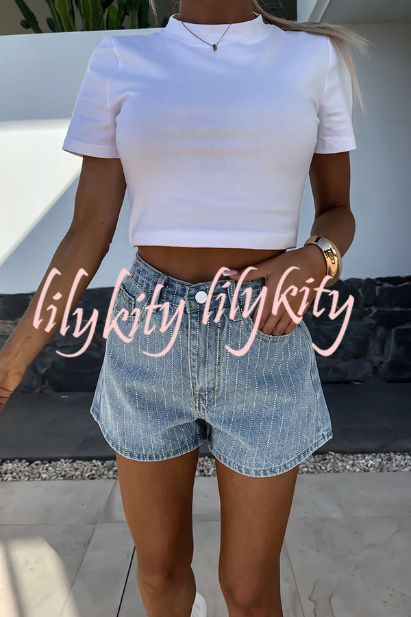 Fashion Rhinestone Loose Pocket Denim Shorts