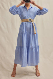 Solid Color Lapel Elastic Cuffs Loose Maxi Dress