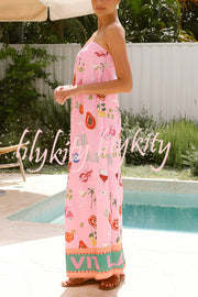 Linen Blend Unique Printed Strapless Holiday Loose Maxi Dress