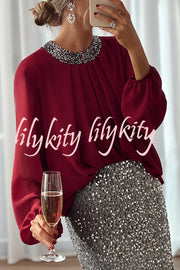 Party Romance Sequin Neck Ruched Balloon Sleeve Loose Blouse