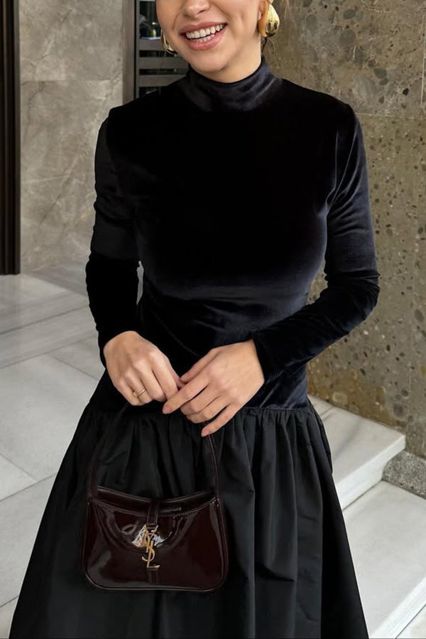 Solid Color Velvet Patchwork High Neck Long Sleeve Maxi Dress