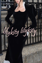 Baroque Style Velvet Lace Trim Sweetheart Neck Long Sleeve Flare Midi Dress