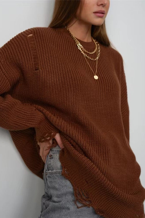 Solid Color Loose Ripped Knitted Mid-length Sweater