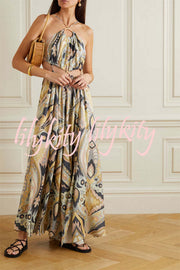 Vacation Feelings Unique Print Halter Ring Cutout Slit Maxi Dress